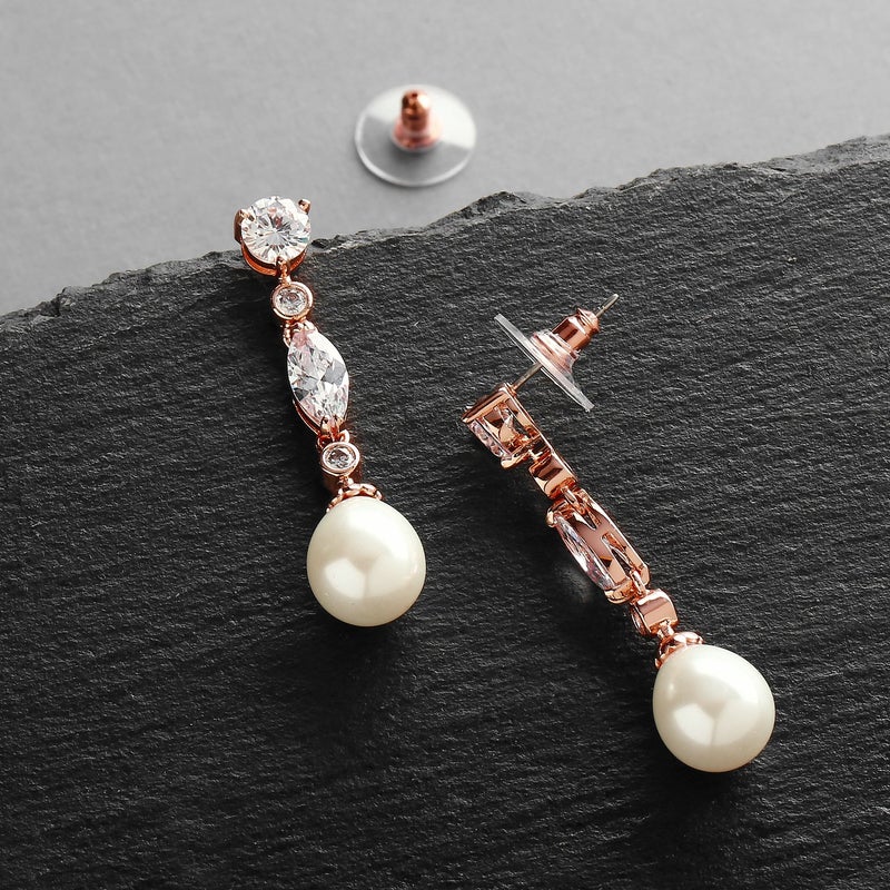Mariell Rose Gold Pearl Bridal Earrings with Cubic Zirconia Crystals, 1 Â¾" Long Dangle Wedding Earring for Brides, Homecoming, Mother of the Bride - Image 3